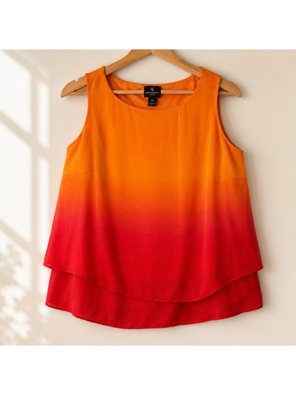 HK16 - Worthington Petite Ombre Layered Sleeveless Blouse PS Orange Red Flowy Ta